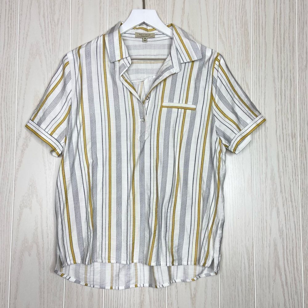 Polagram Collared Popover Short Sleeve Stripes Top Size Medium